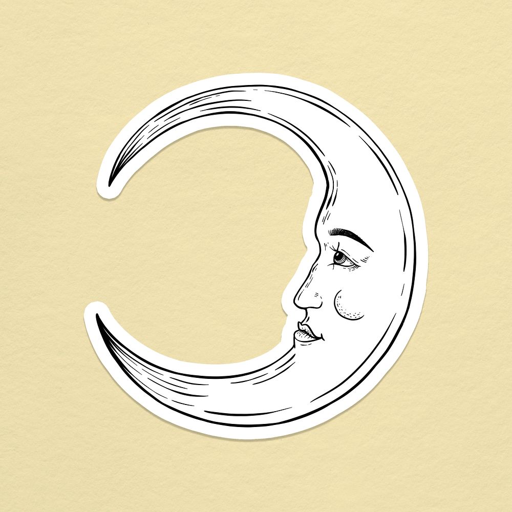 Crescent moon face outline sticker overlay with a white border