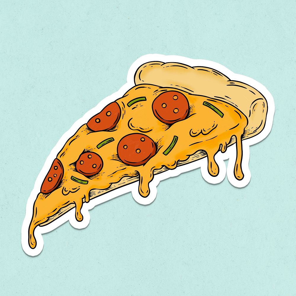 Cheesy pepperoni pizza slice sticker overlay with a white border