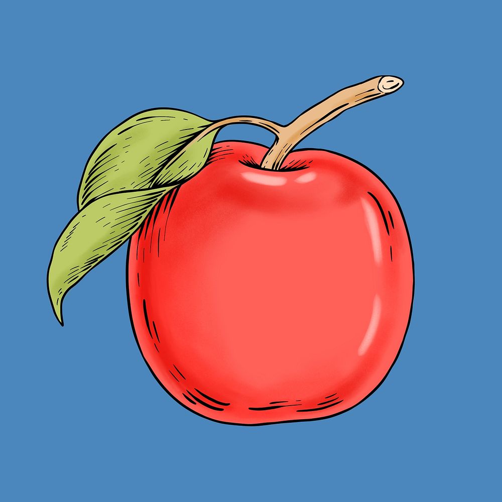 Red apple sticker overlay on a blue background 