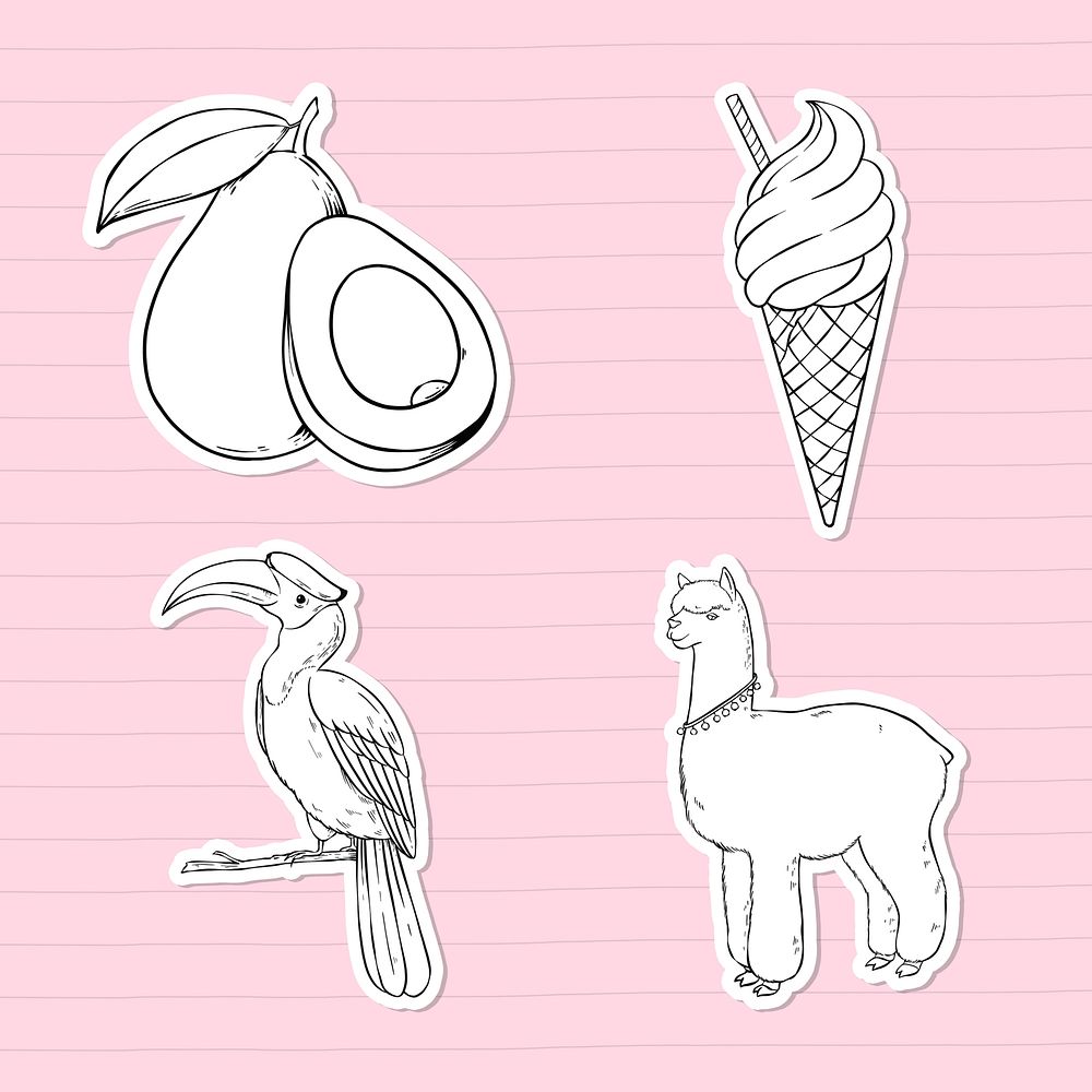 Psd food and animal vintage sticker set black and white