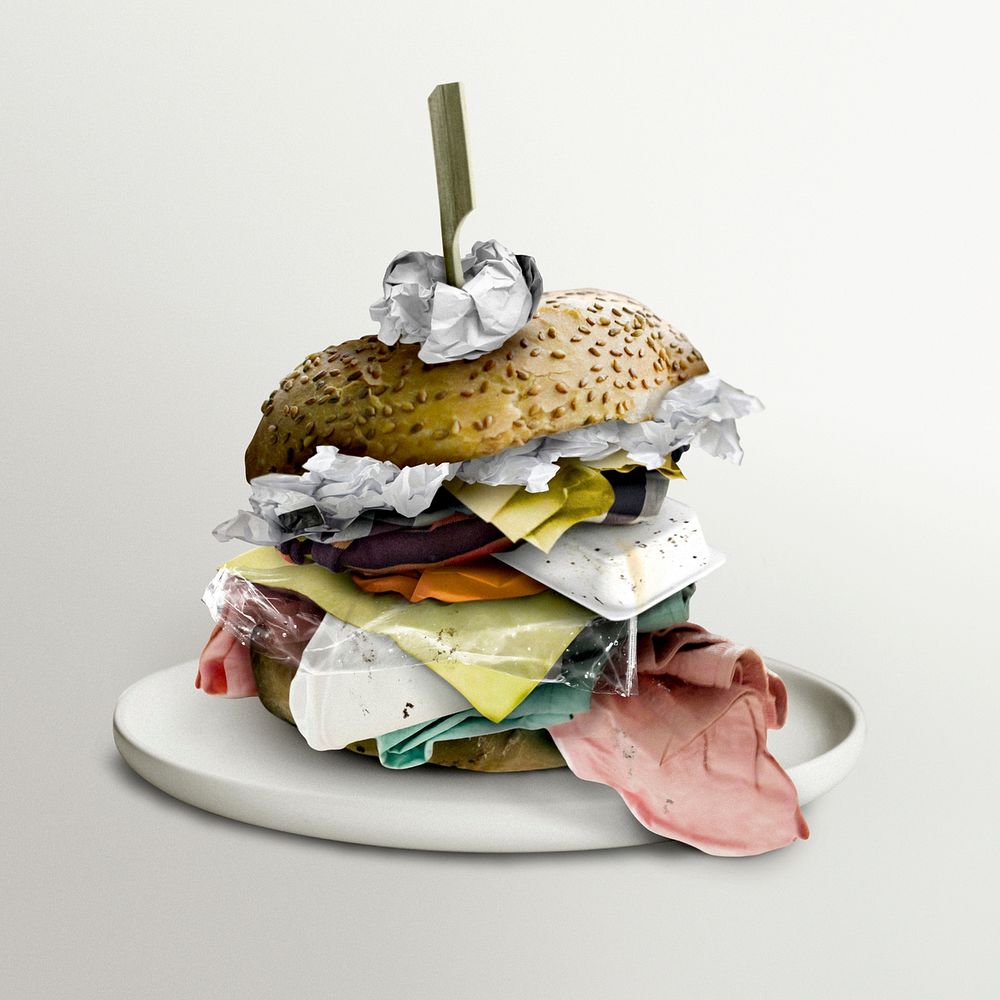 Trash filled hamburger pollution sticker deisgn element