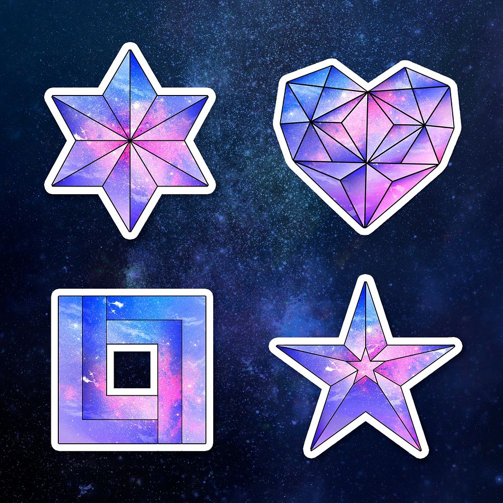 Galaxy patterned pink and purple geometrical shaped sticker set