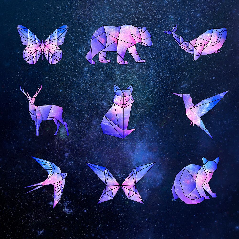 Galaxy patterned geometrical and crystalized animal sticker set