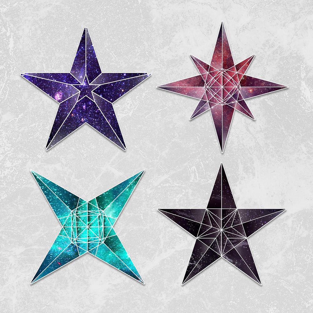 Colorful galaxy patterned geometrical star shaped objects sticker set