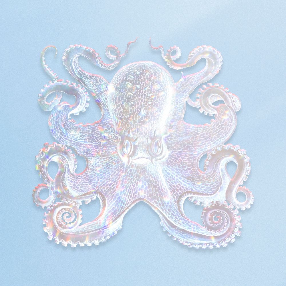 Silver holographic octopus sticker design element