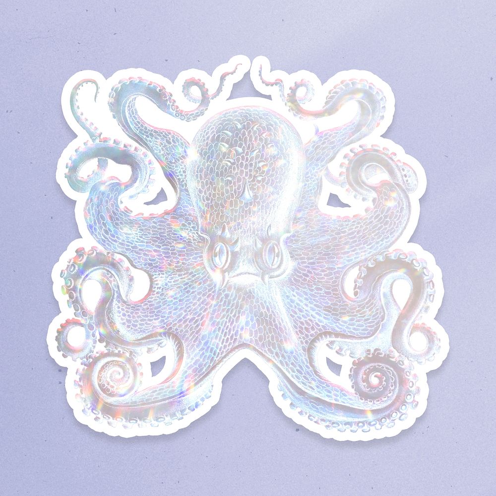 Silver holographic octopus sticker with a white border