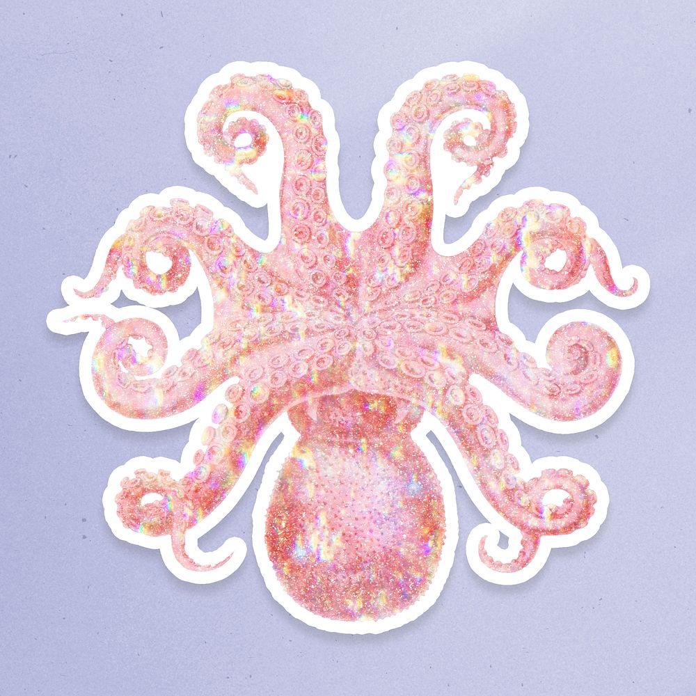 Pink holographic octopus sticker with a white border