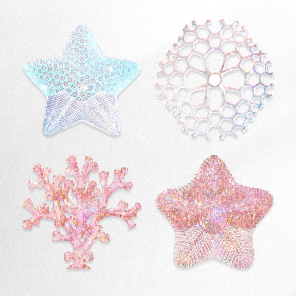 Set of holographic marine life sticker overlay design resource
