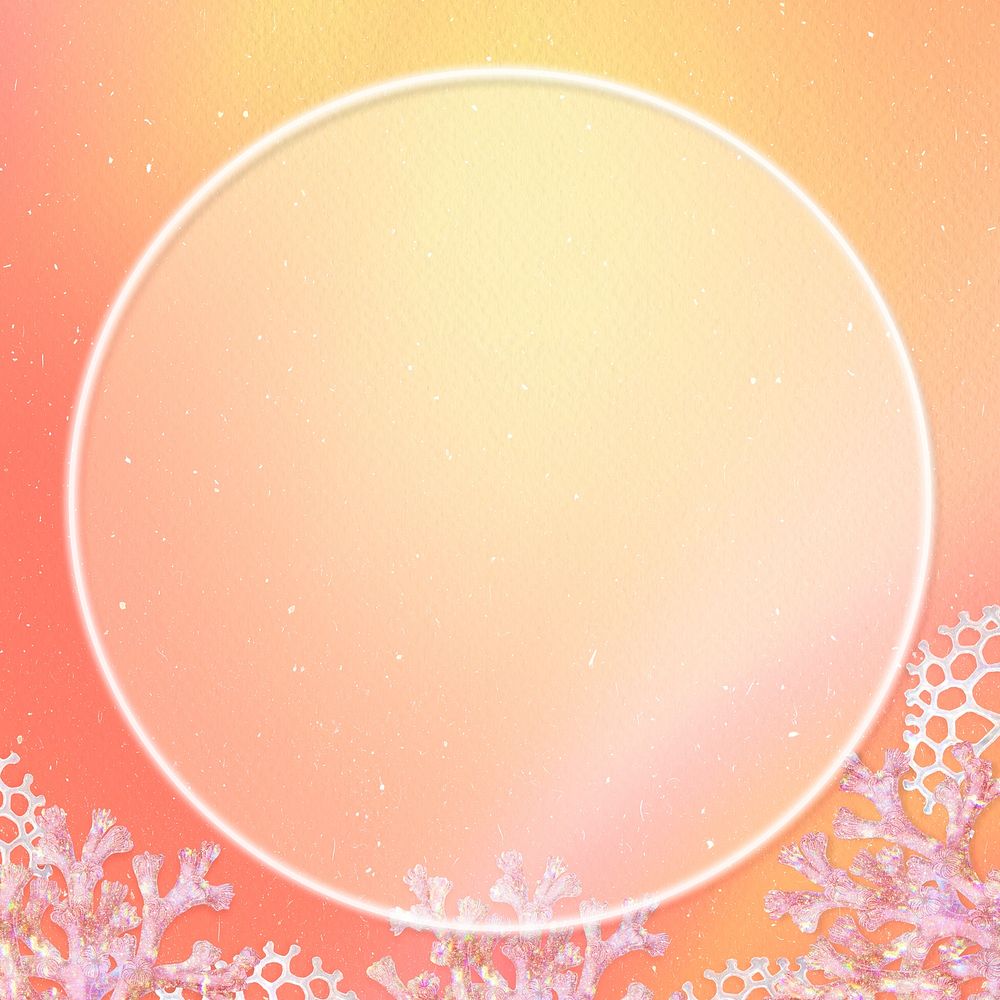 Round white frame on a holographic coral patterned background