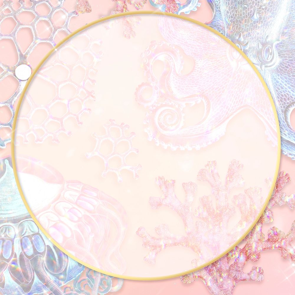 Round gold frame on a holographic marine animal patterned background