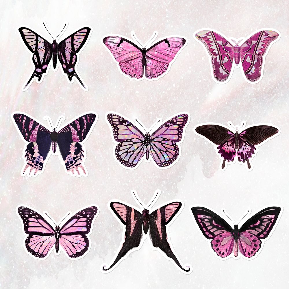 Pink holographic and glittery butterfly with a white border sticker design element set