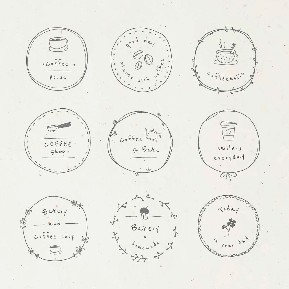 Cute coffee doodle badge vector set