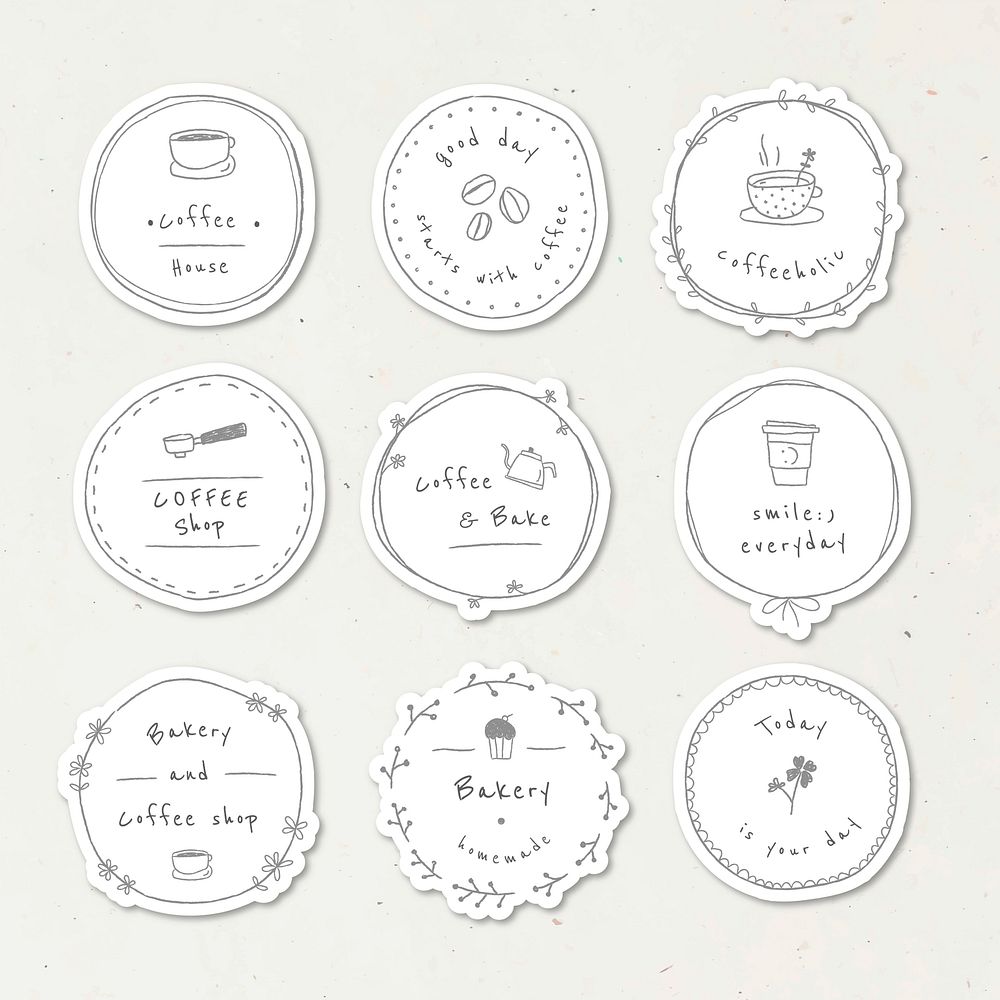 Cute coffee doodle badge vector set