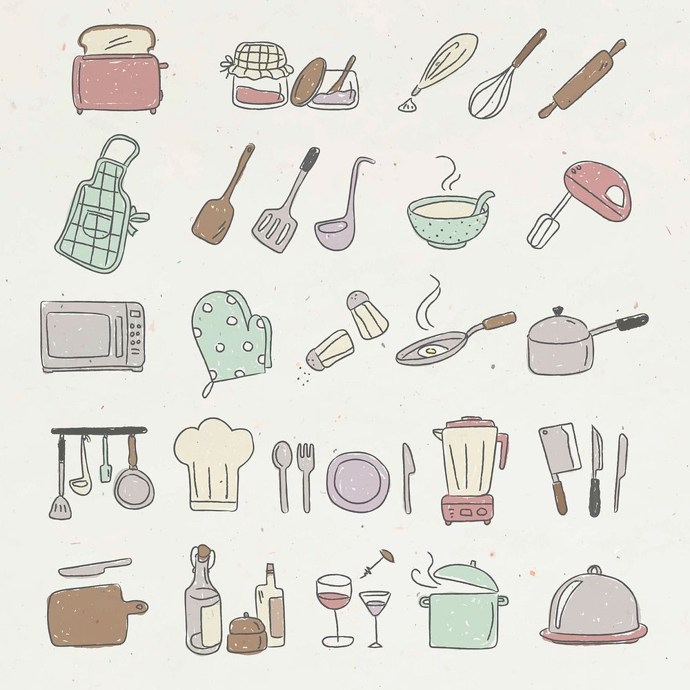 Cute kitchen utensils doodle sticker set vector