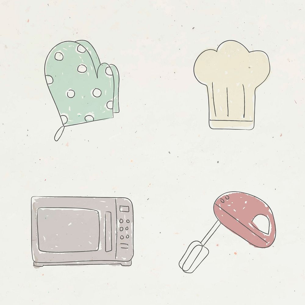 Cute kitchen utensil doodle sticker set vector