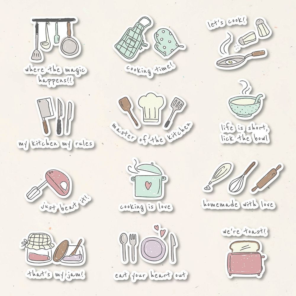 Cute kitchen utensils doodle sticker set vector