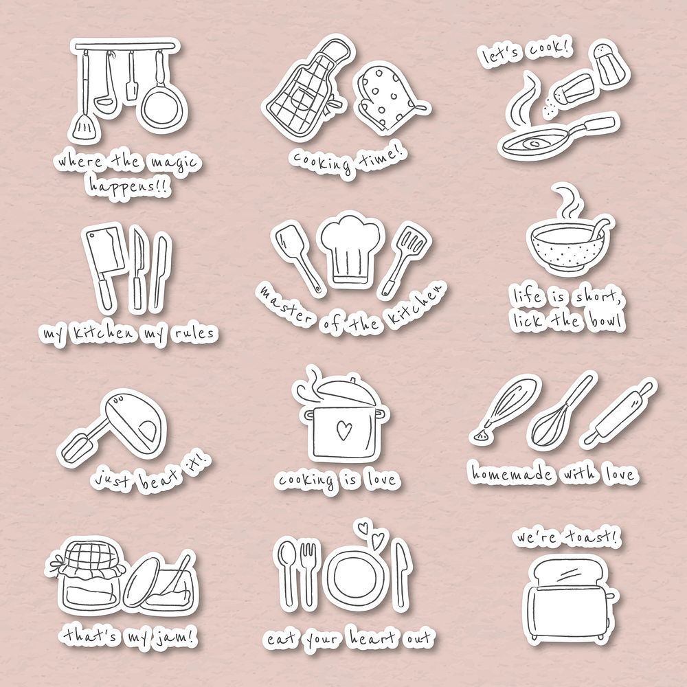 Cute kitchen utensils doodle sticker set vector