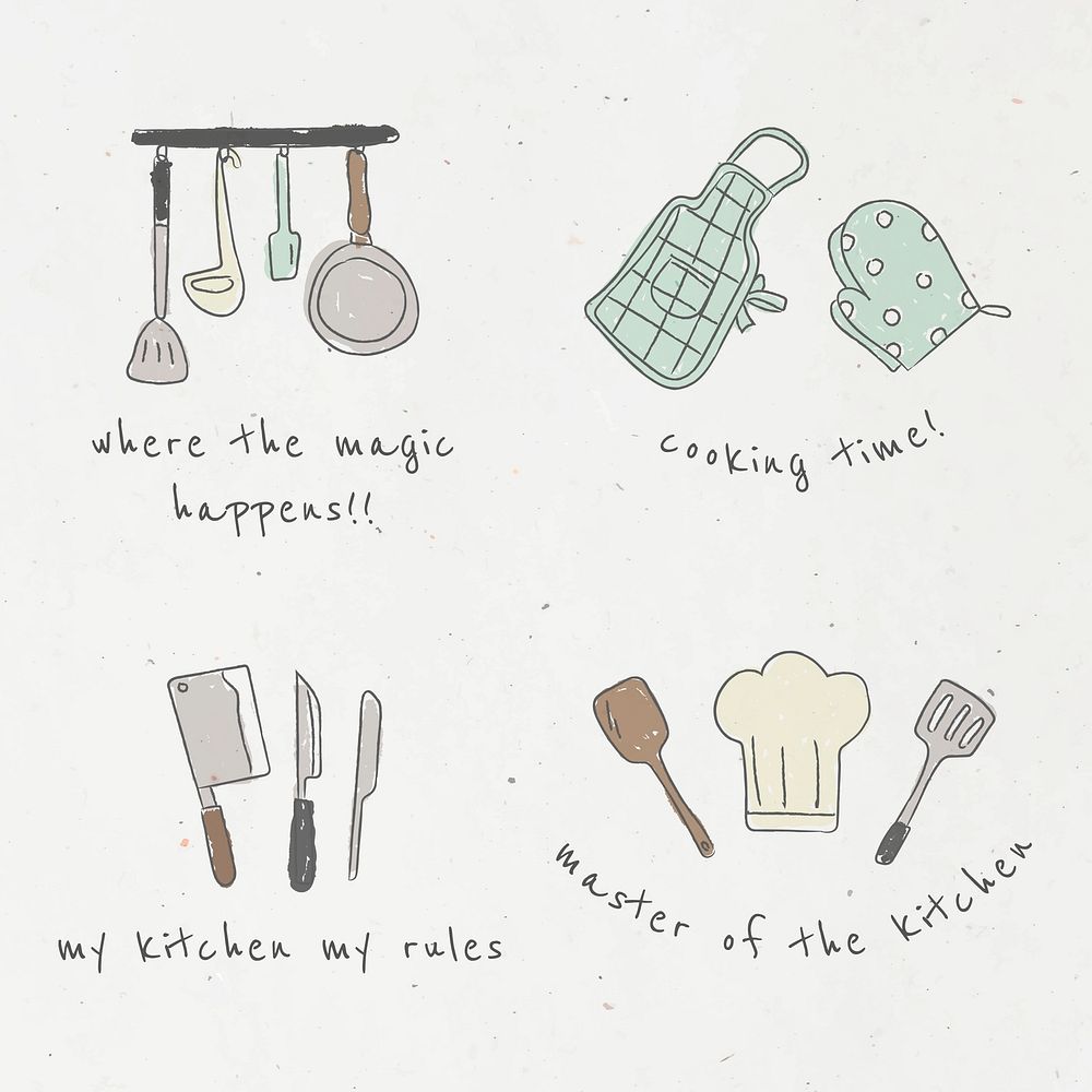 Cute kitchen utensils doodle stickers set vector