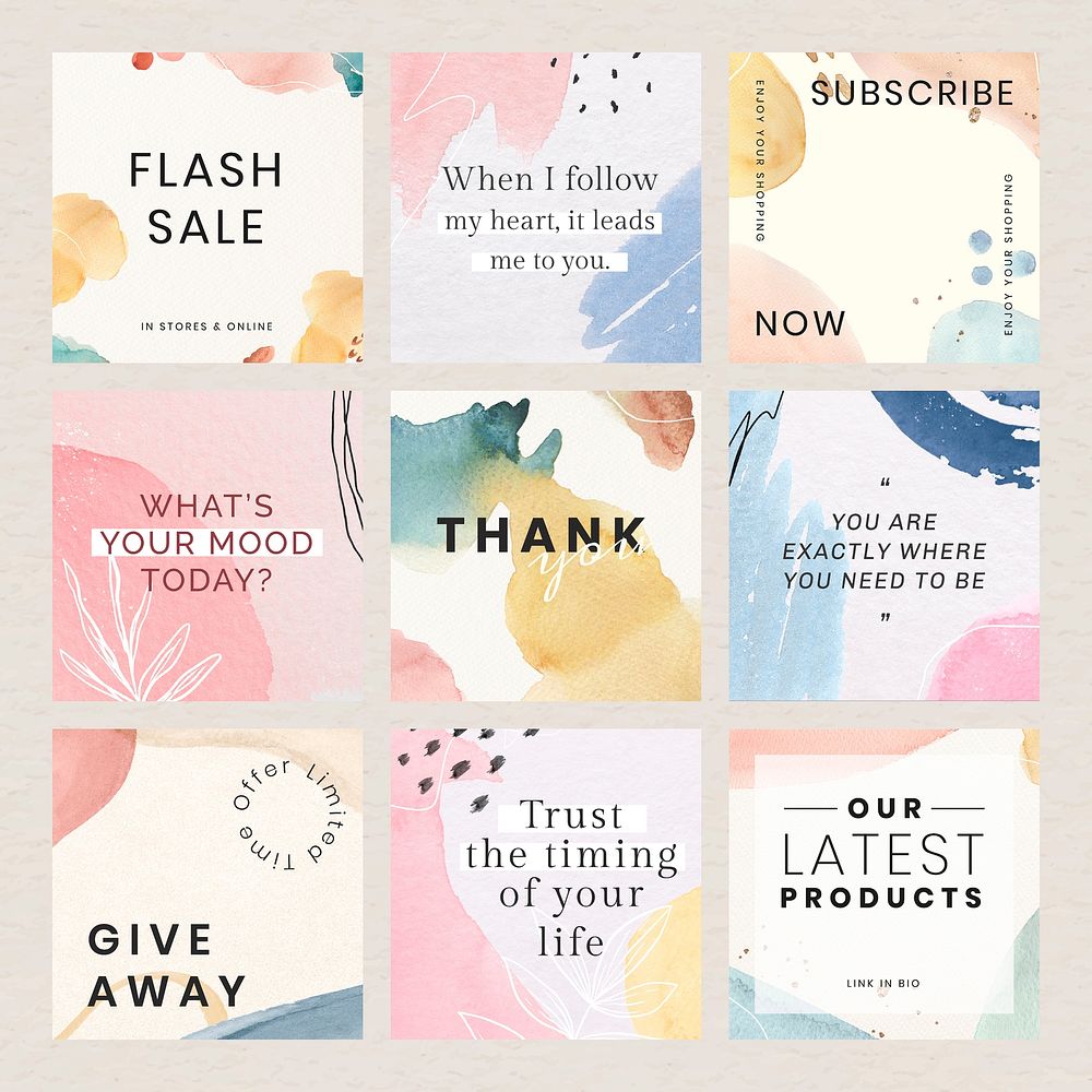 Pastel watercolor Memphis social template vector set