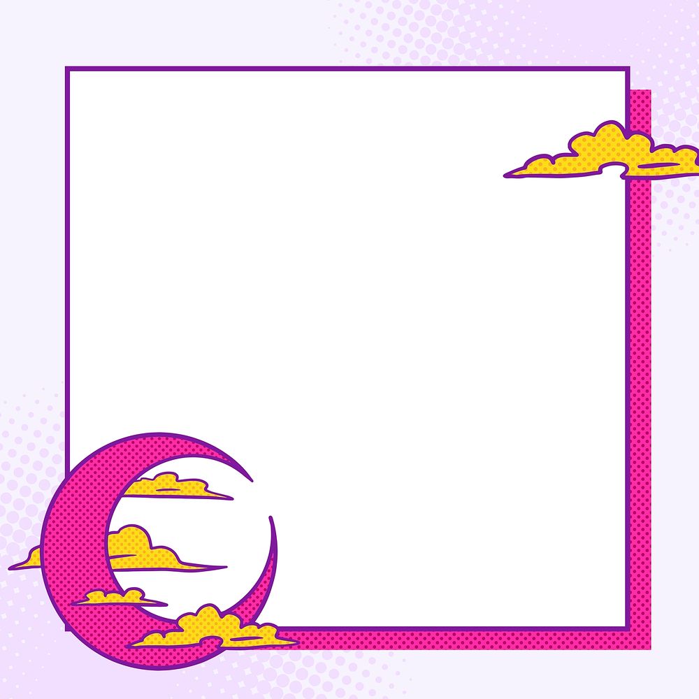 Pop art pink crescent moon with yellow clouds frame
