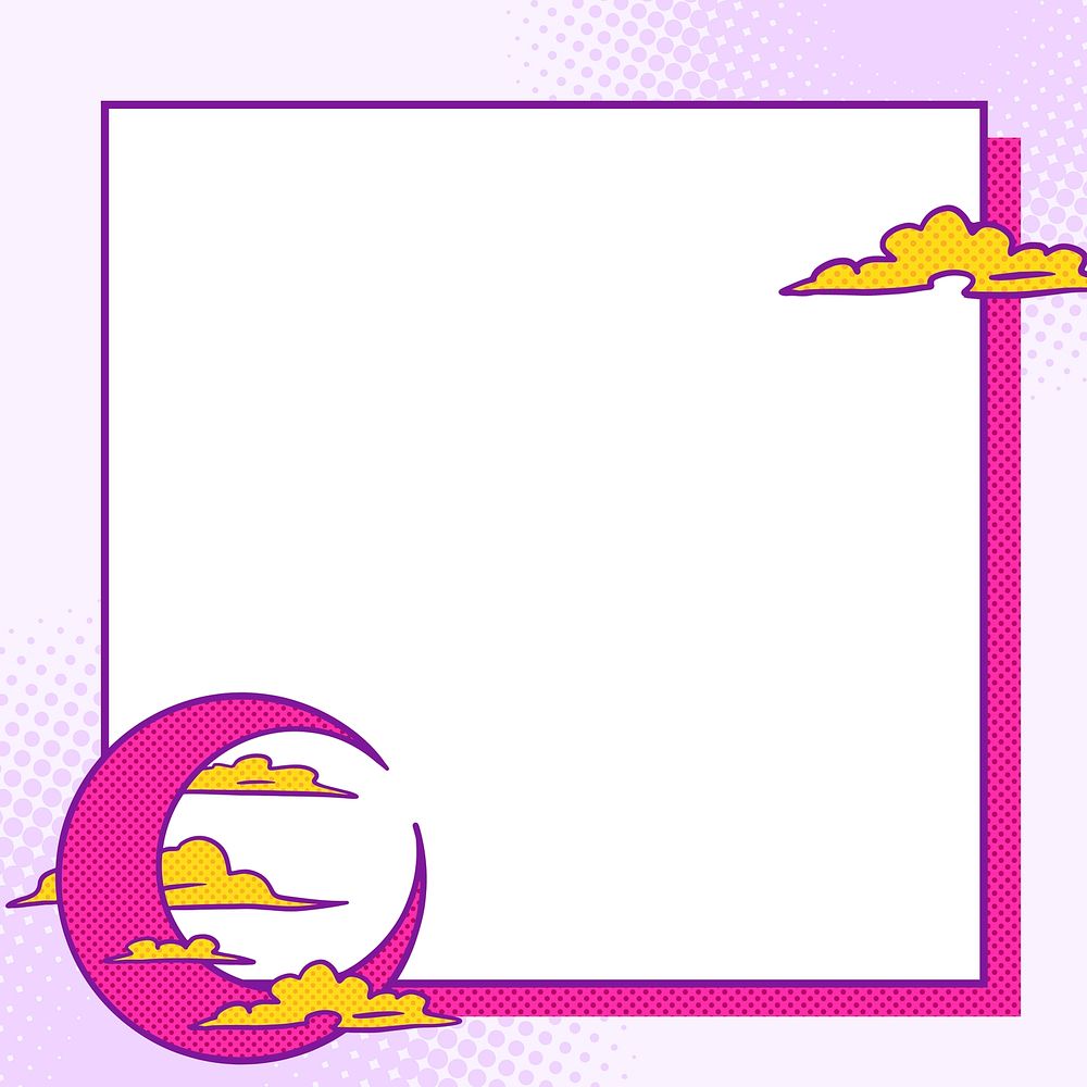 Pop art pink crescent moon with yellow clouds frame vector