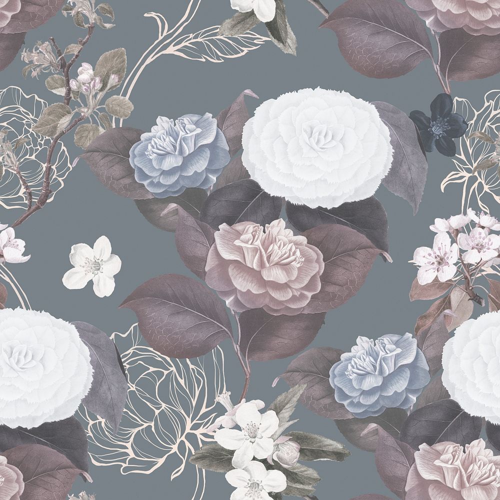 Hand drawn desaturated flower pattern on a gray background