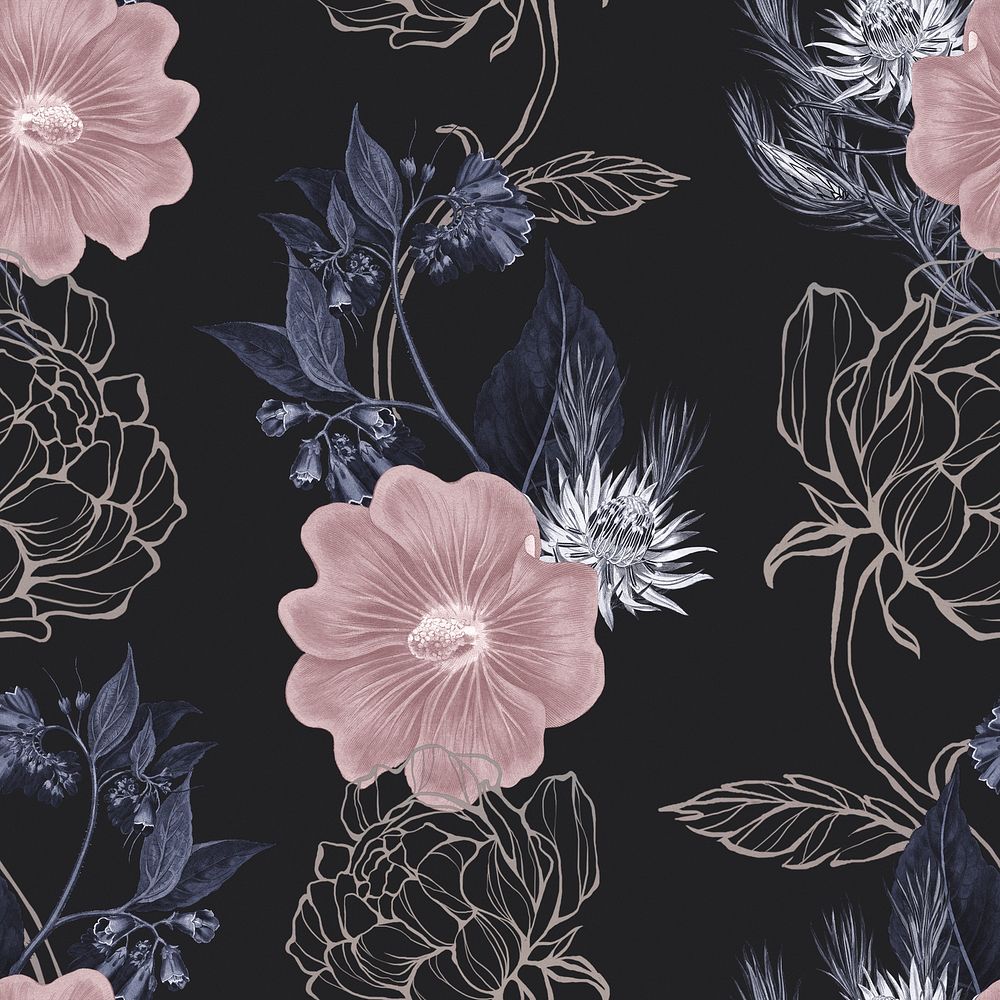 Hand drawn dull pink and gold flower pattern on a black background