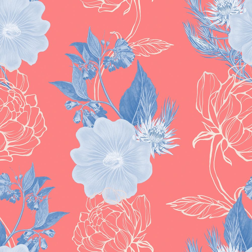 Hand drawn blue flower pattern on a red background