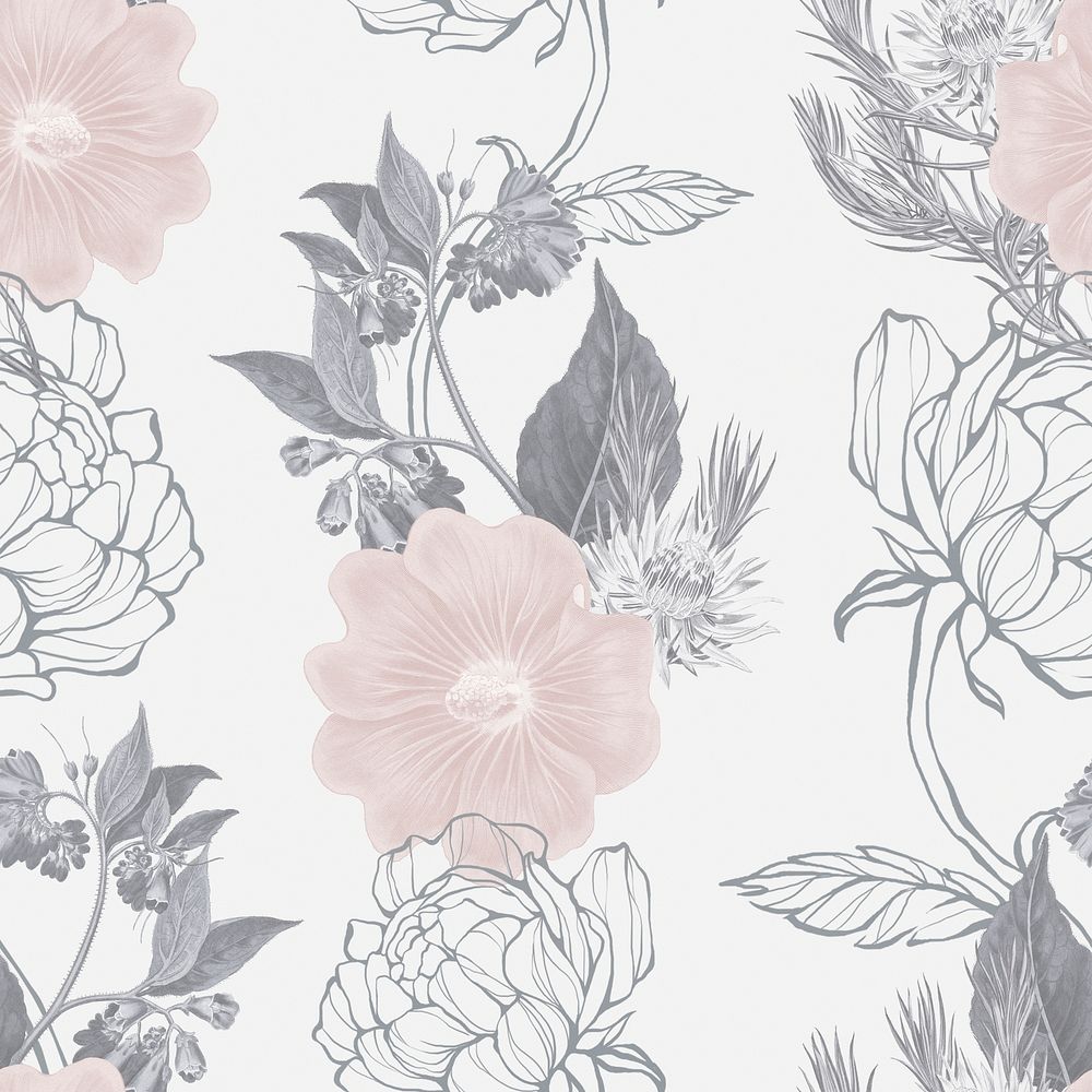 Hand drawn dull pink and gray flower pattern on an off white background