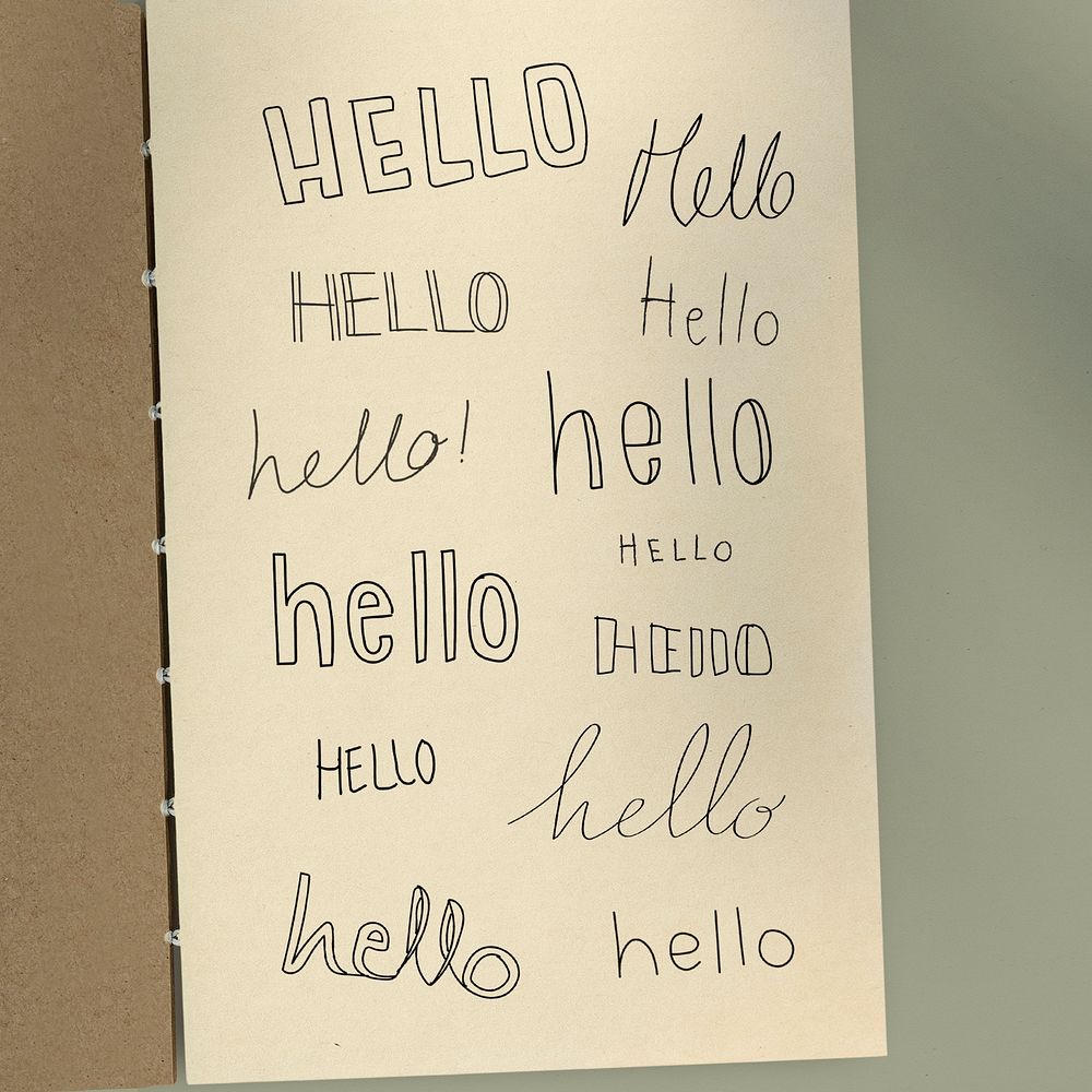 Word doodles on a notebook page mockup