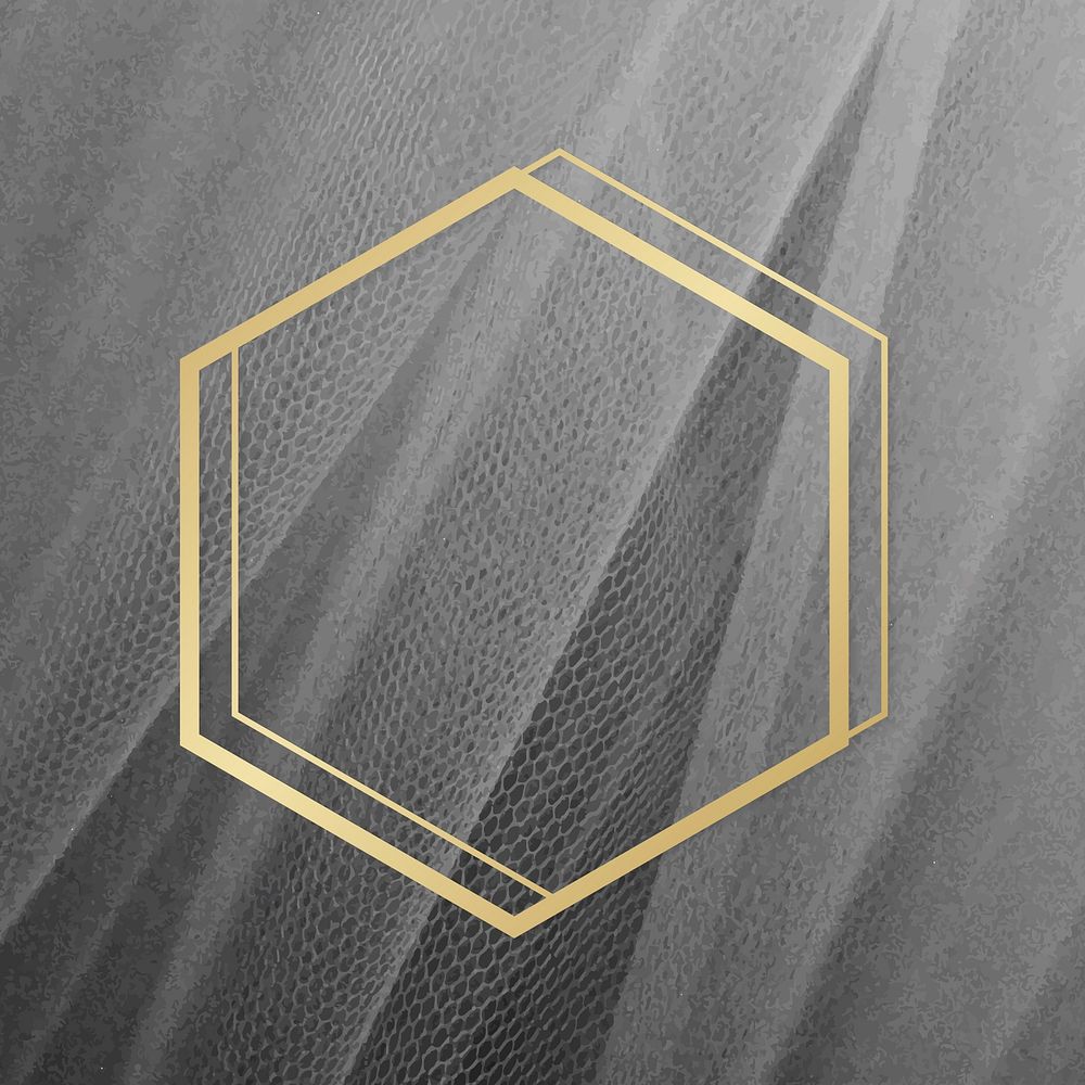 Golden framed hexagon on a gray mesh textured vector