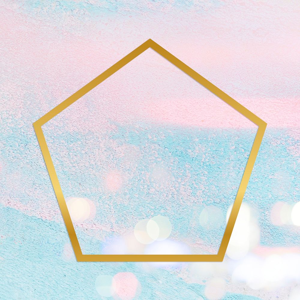Gold pentagon frame on a pastel pink and blue concrete textured background
