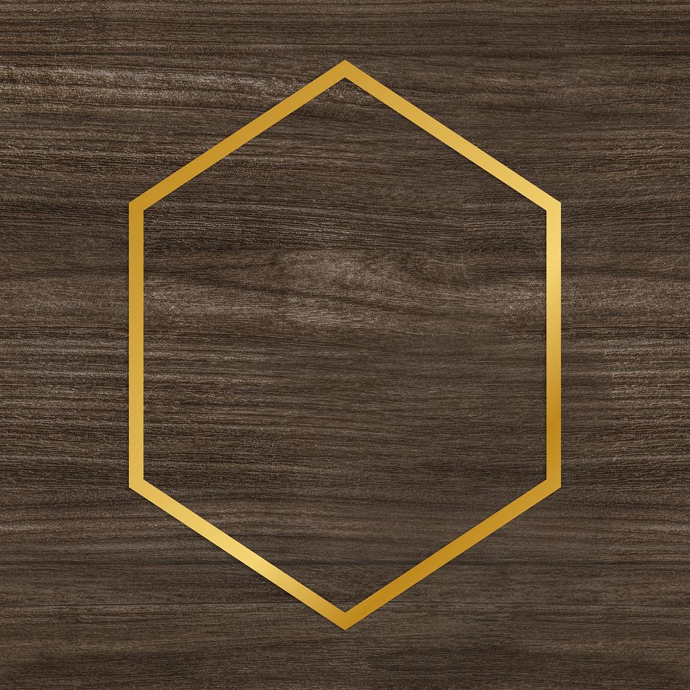 Gold hexagon frame on a wooden background illustration