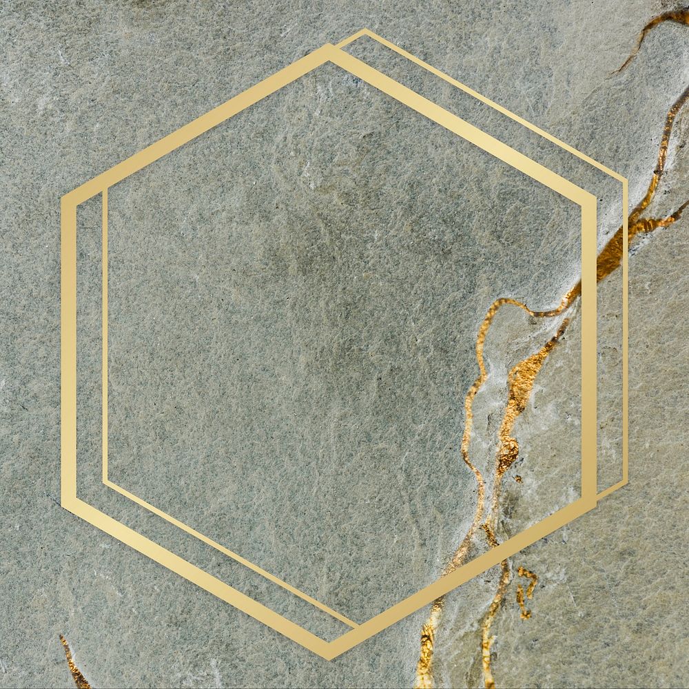 Golden framed hexagon on a marble textured illustration