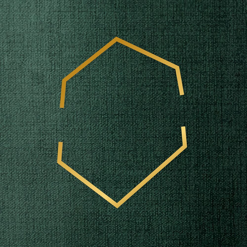 Gold hexagon frame on a green fabric textured background vector