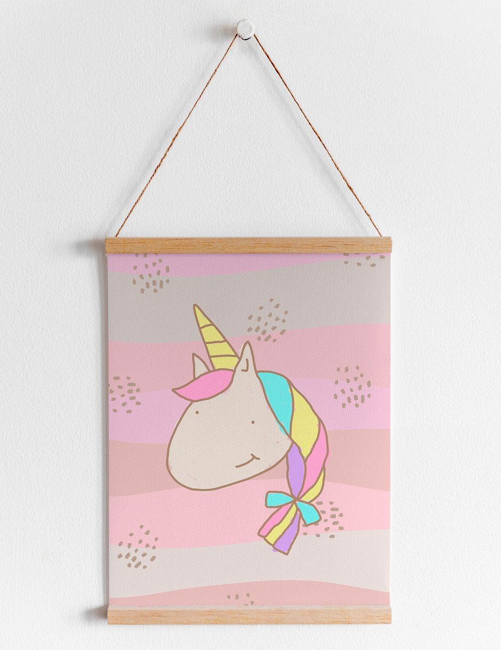 Cute unicorn wall hanging banner mockup on a white background