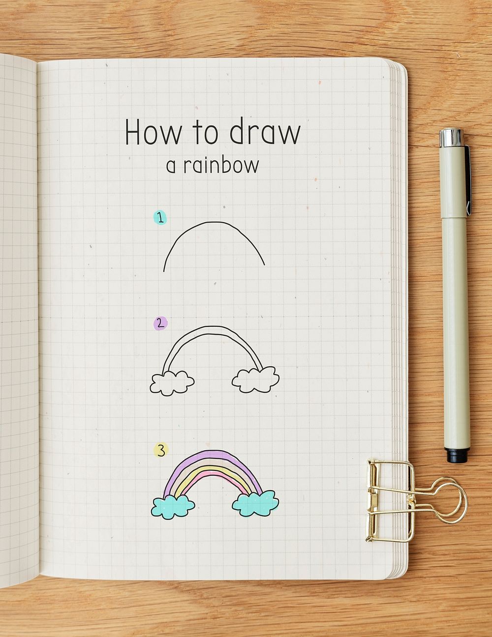 How to draw a rainbow doodle tutorial on a white paper mockup