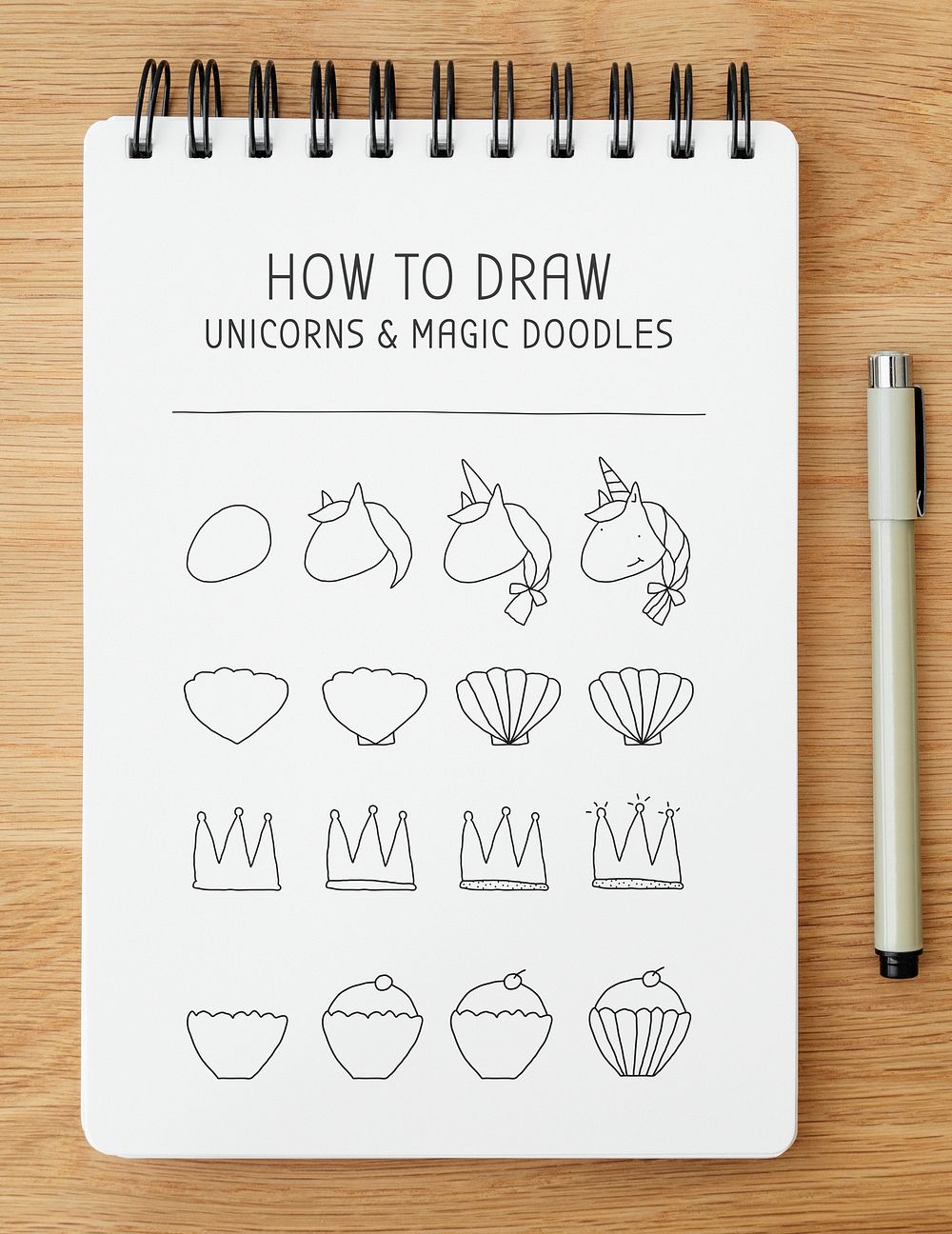 How to draw unicorns and magic doodles tutorial on a white paper mockup