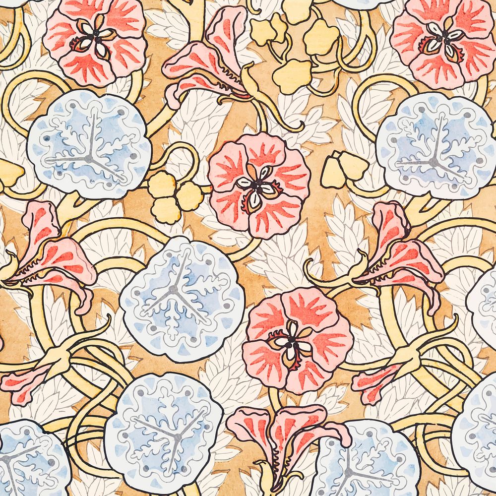 Art nouveau nasturtium flower pattern background vector