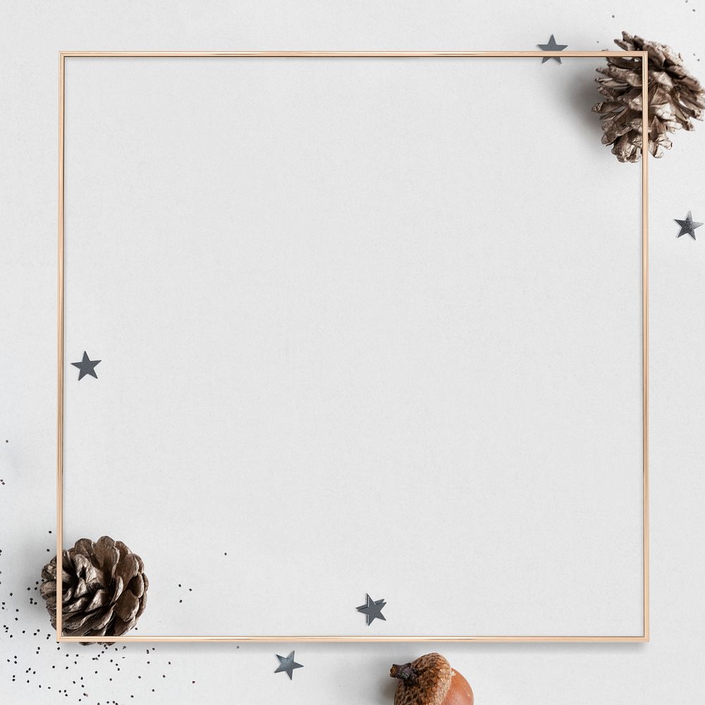 Gold frame pine cone psd gray background