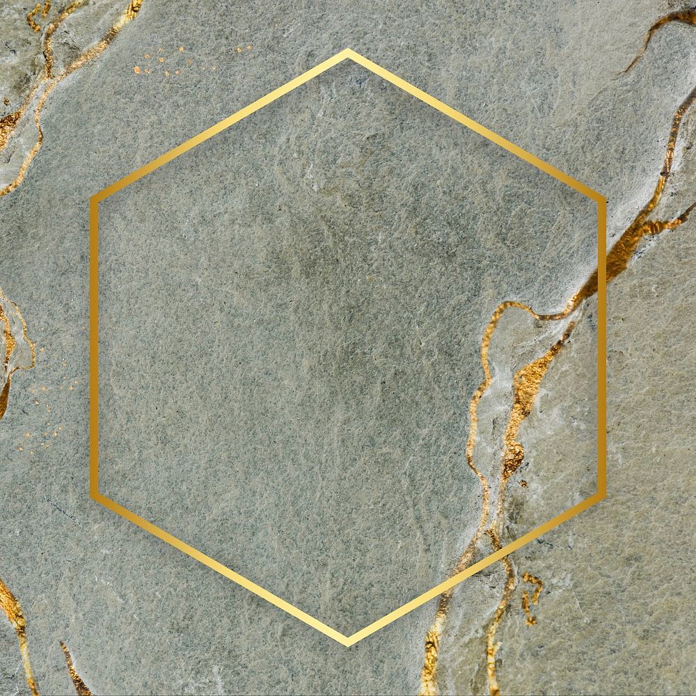 Golden frame hexagon on a marble textured background