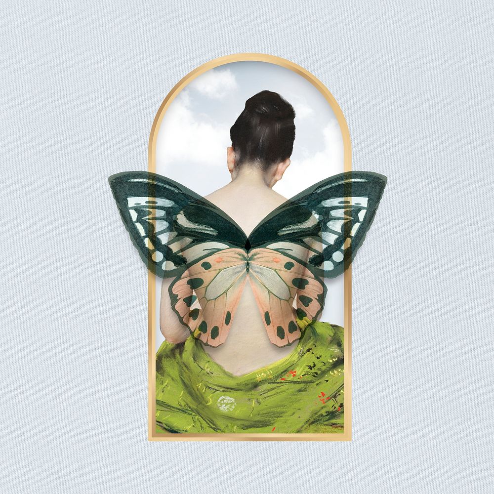 Woman with butterfly wings on golden frame