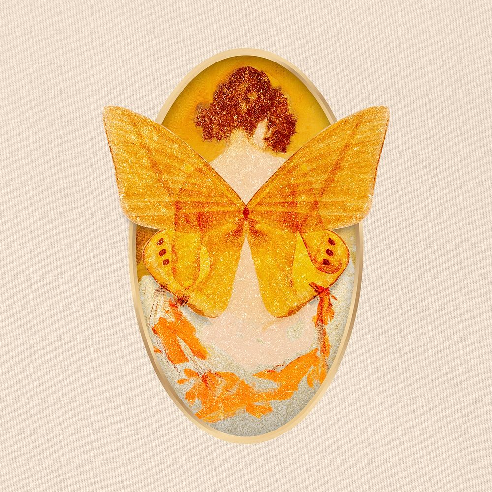 Butterfly winged woman orange vintage illustration