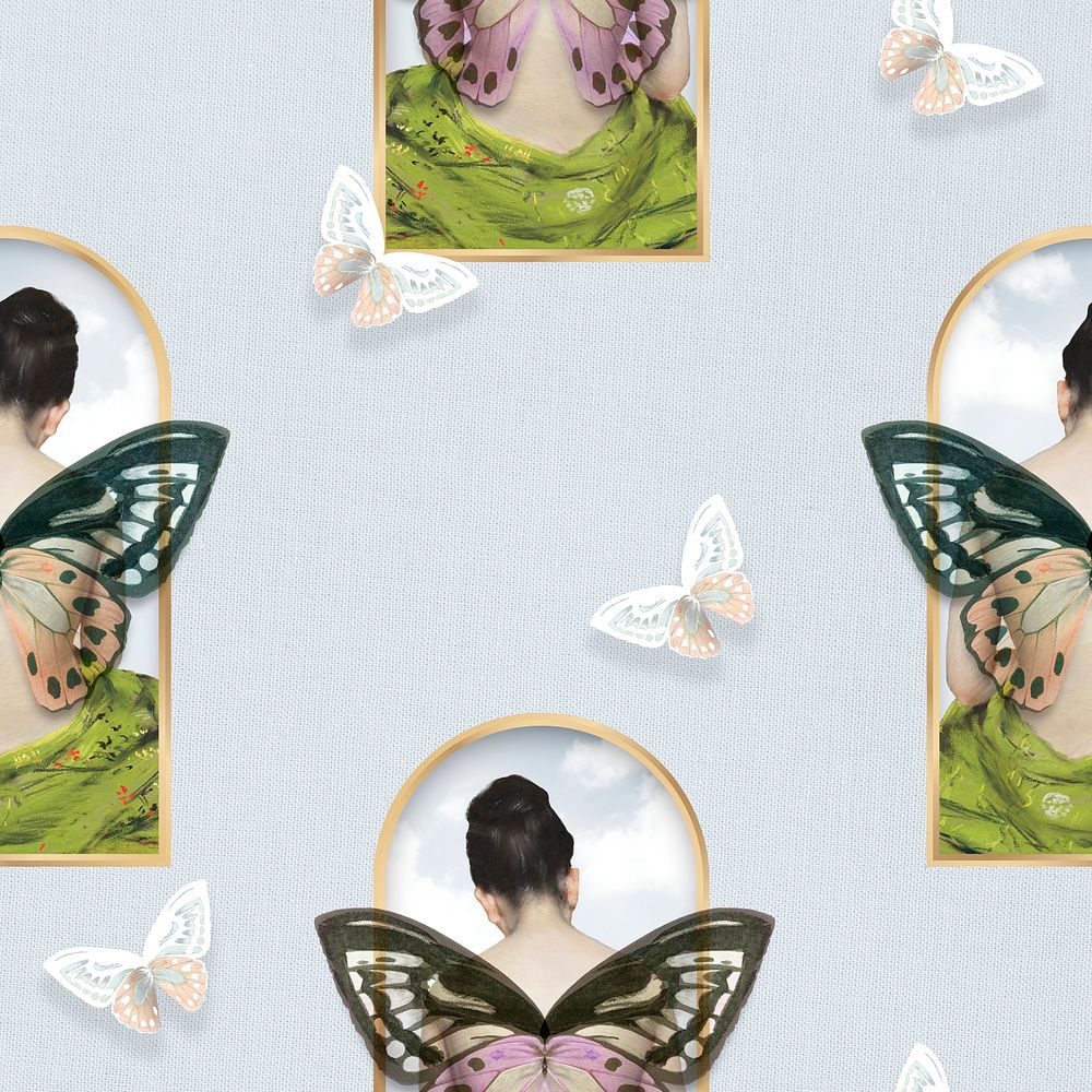 Butterfly woman seamless pattern background vintage mixed media