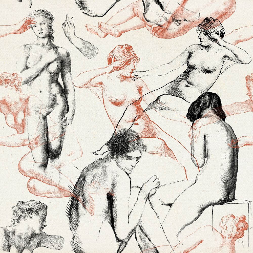Nude woman seamless pattern psd vintage mixed media