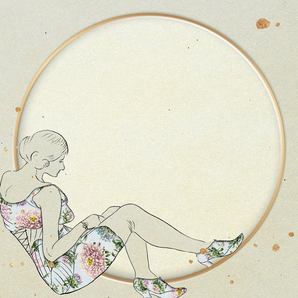 Women in floral dress psd frame illustration