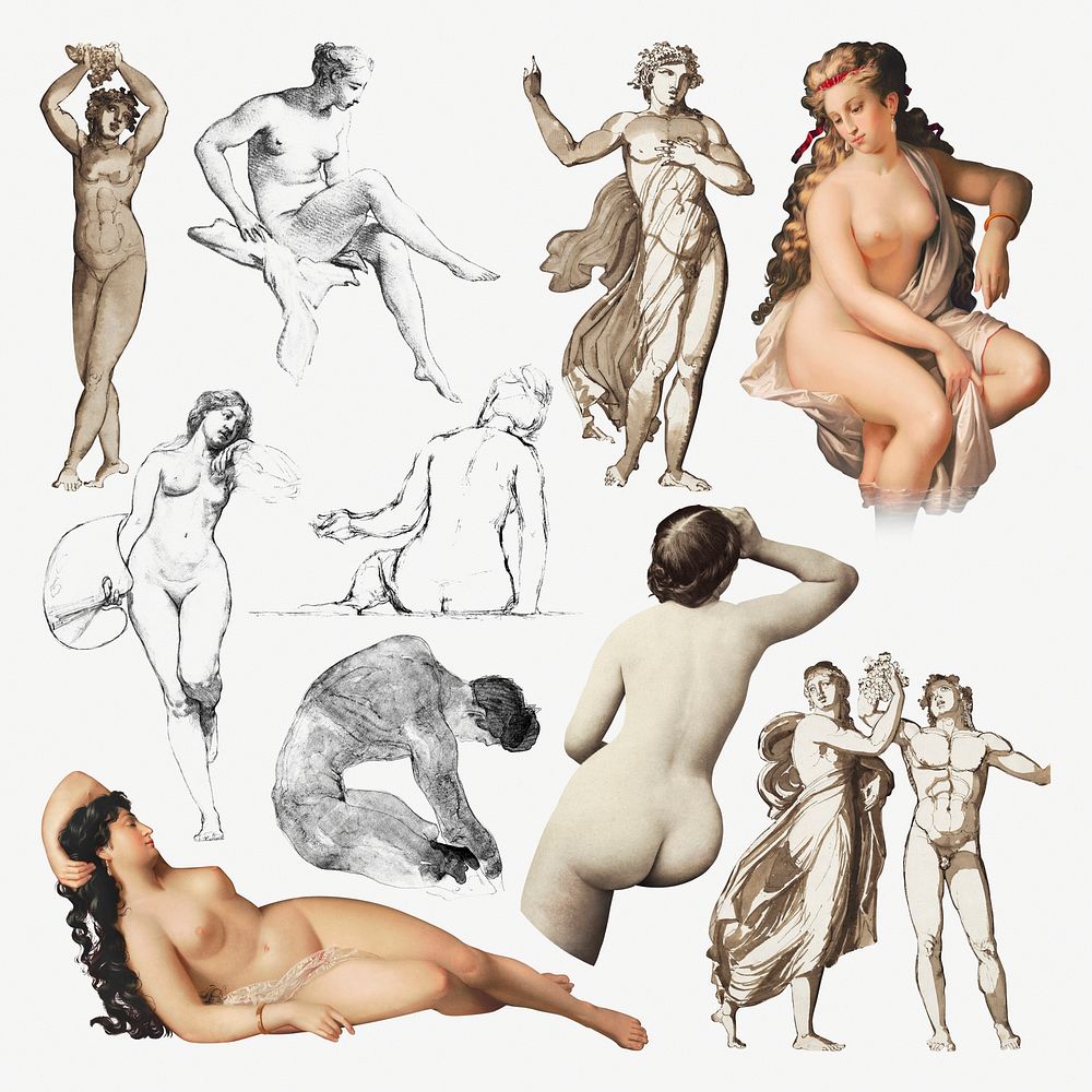 Psd male and female nude gestures black and white set
