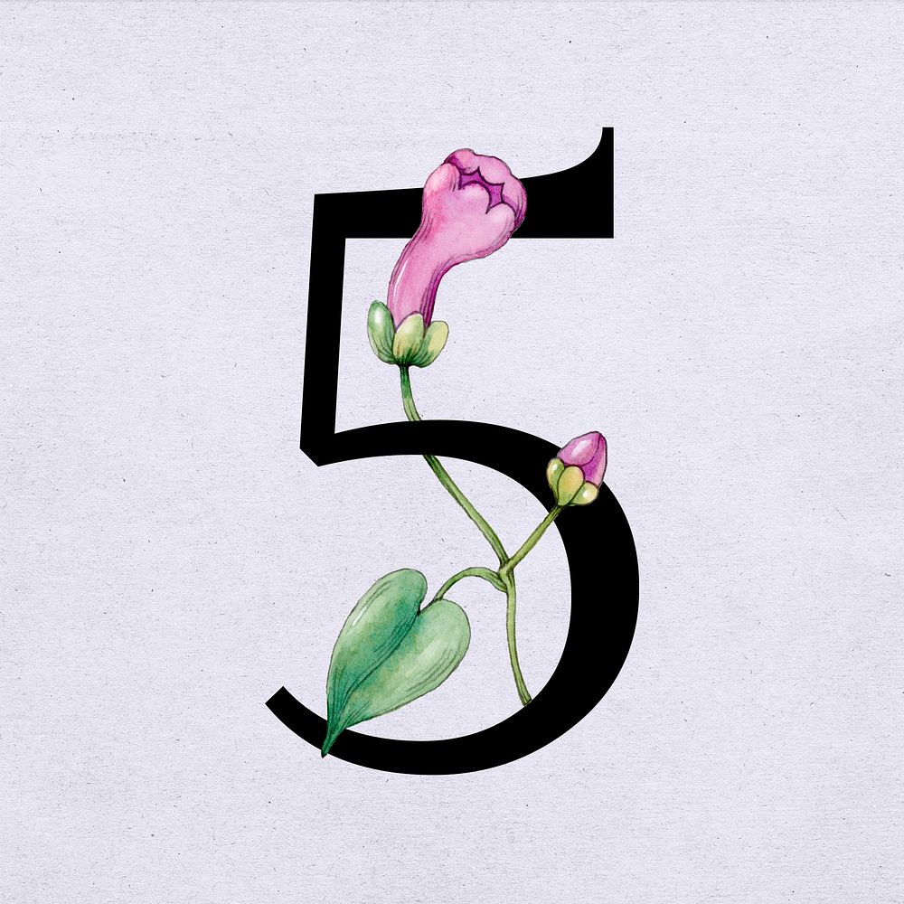 Psd number 5 font floral decorated typography