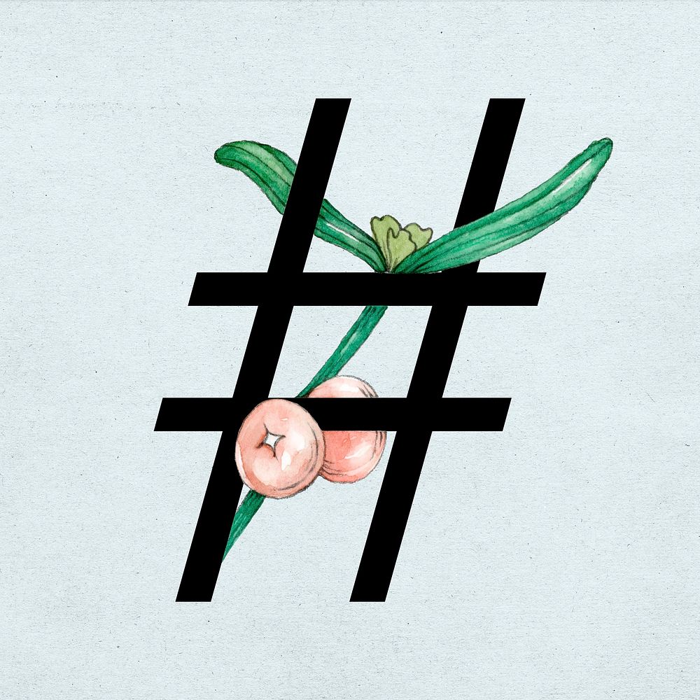 Psd hashtag sign floral decorated typography