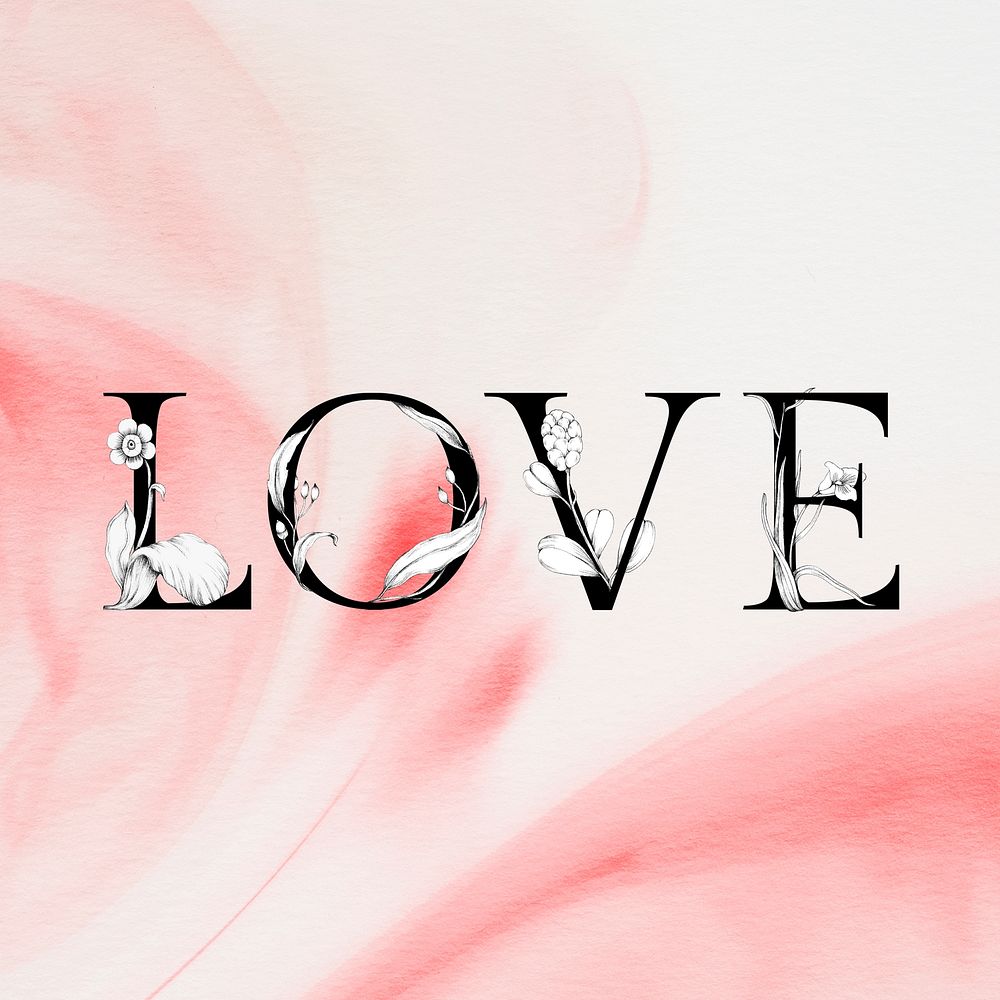 Psd love word floral font watercolor typography